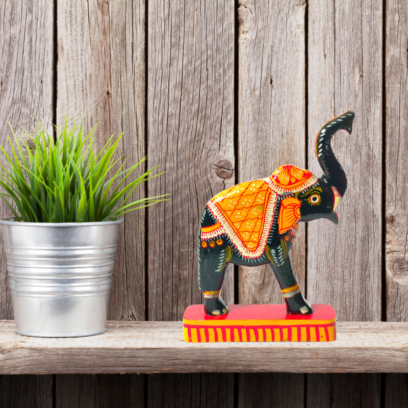 Orange Handmade & Handpainted Wooden Elephant