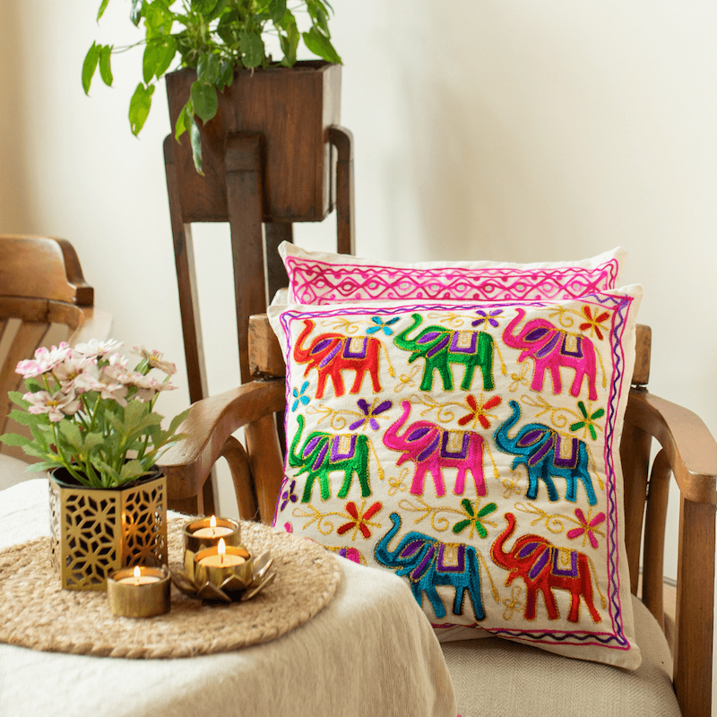 Elephant Aari Embroidered Cushion Covers (Set Of 2)