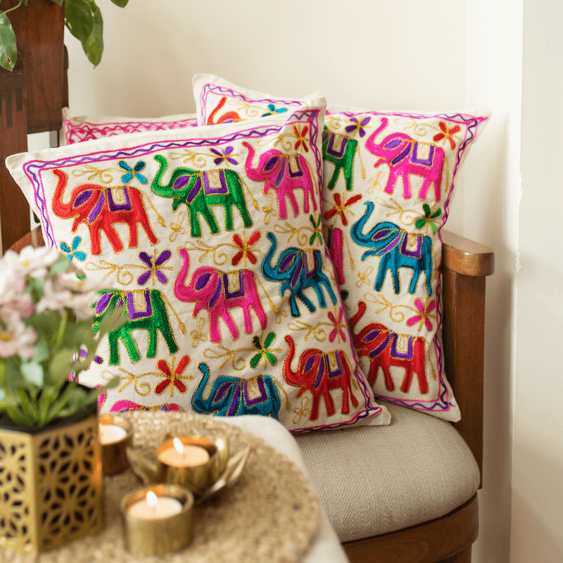 Elephant Aari Embroidered Cushion Covers (Set Of 2)