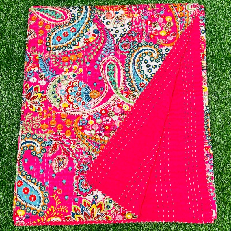 Pink Paisley Kantha Work Bedcover (Queen Size)