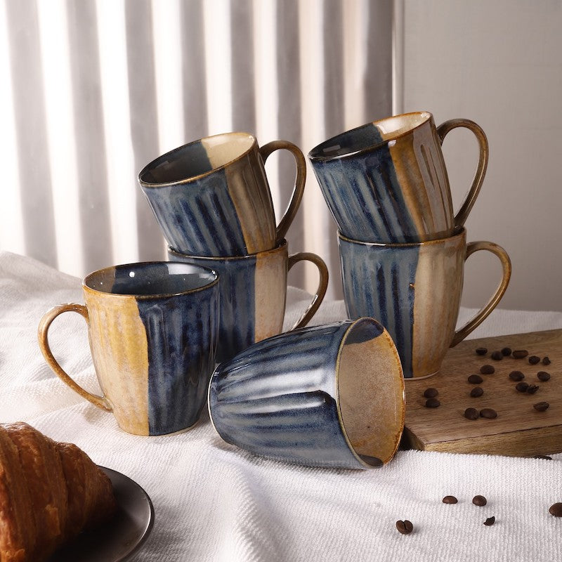 Blue And Mustard Glazed  Coffee Mugs (Set of 6)