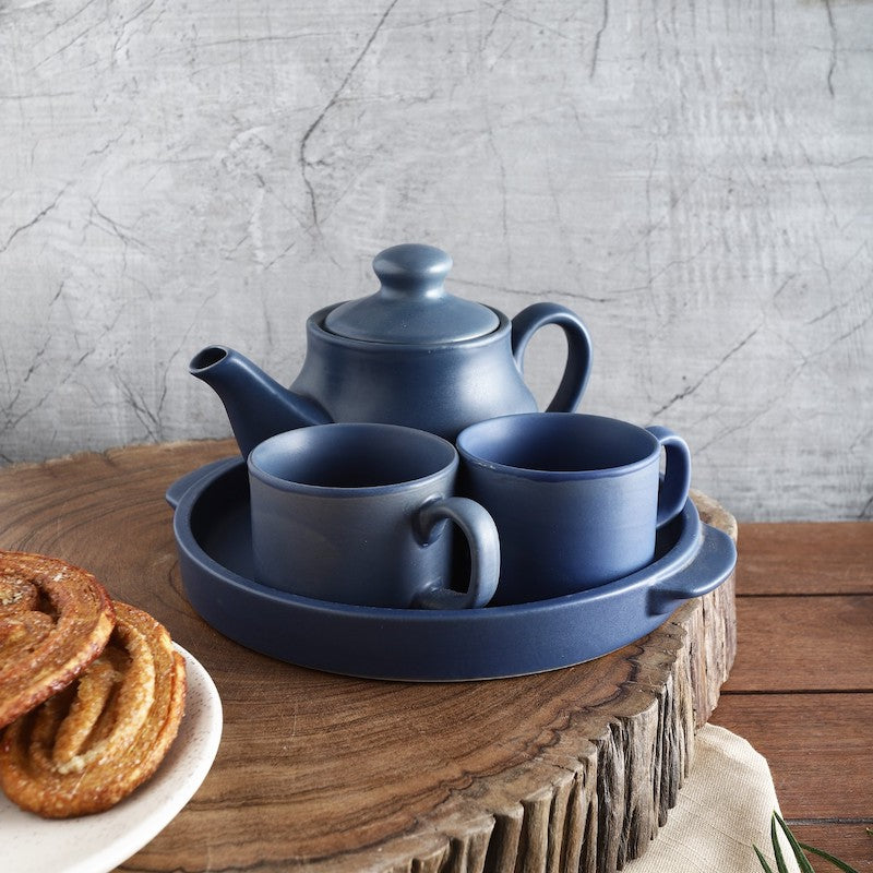 Blue Matte Tea Set with Kettle & Tray (Set of 4)