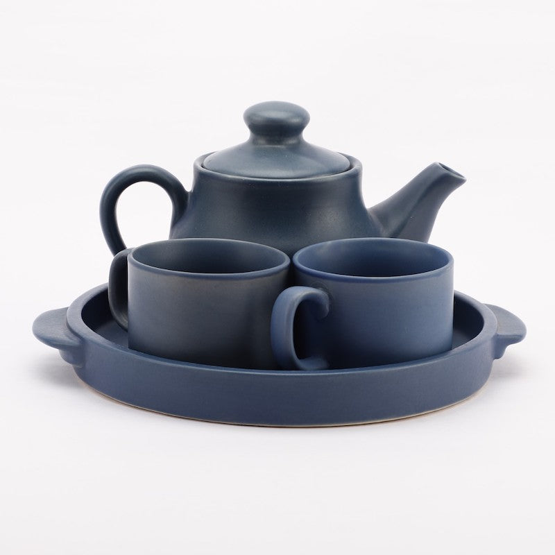 Blue Matte Tea Set with Kettle & Tray (Set of 4)