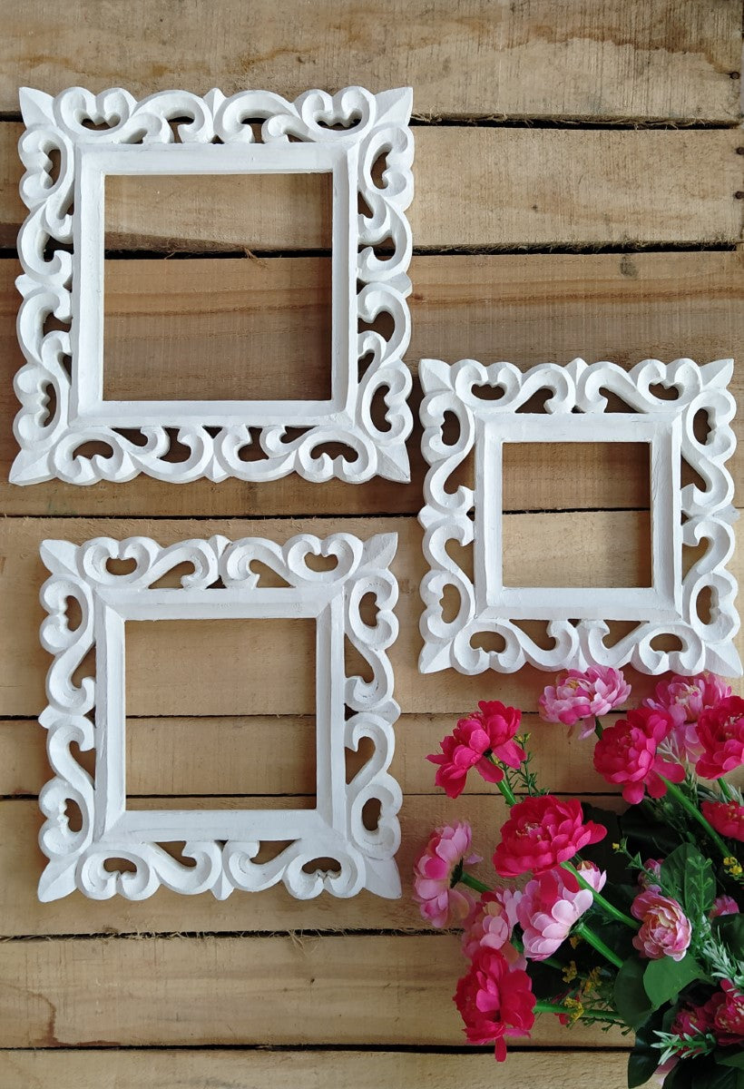 White Square Wooden Wall Frame Set (Set of 3)