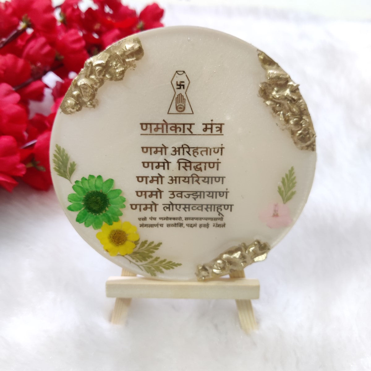 Namokar Mantra Coaster with Pressed Flowers