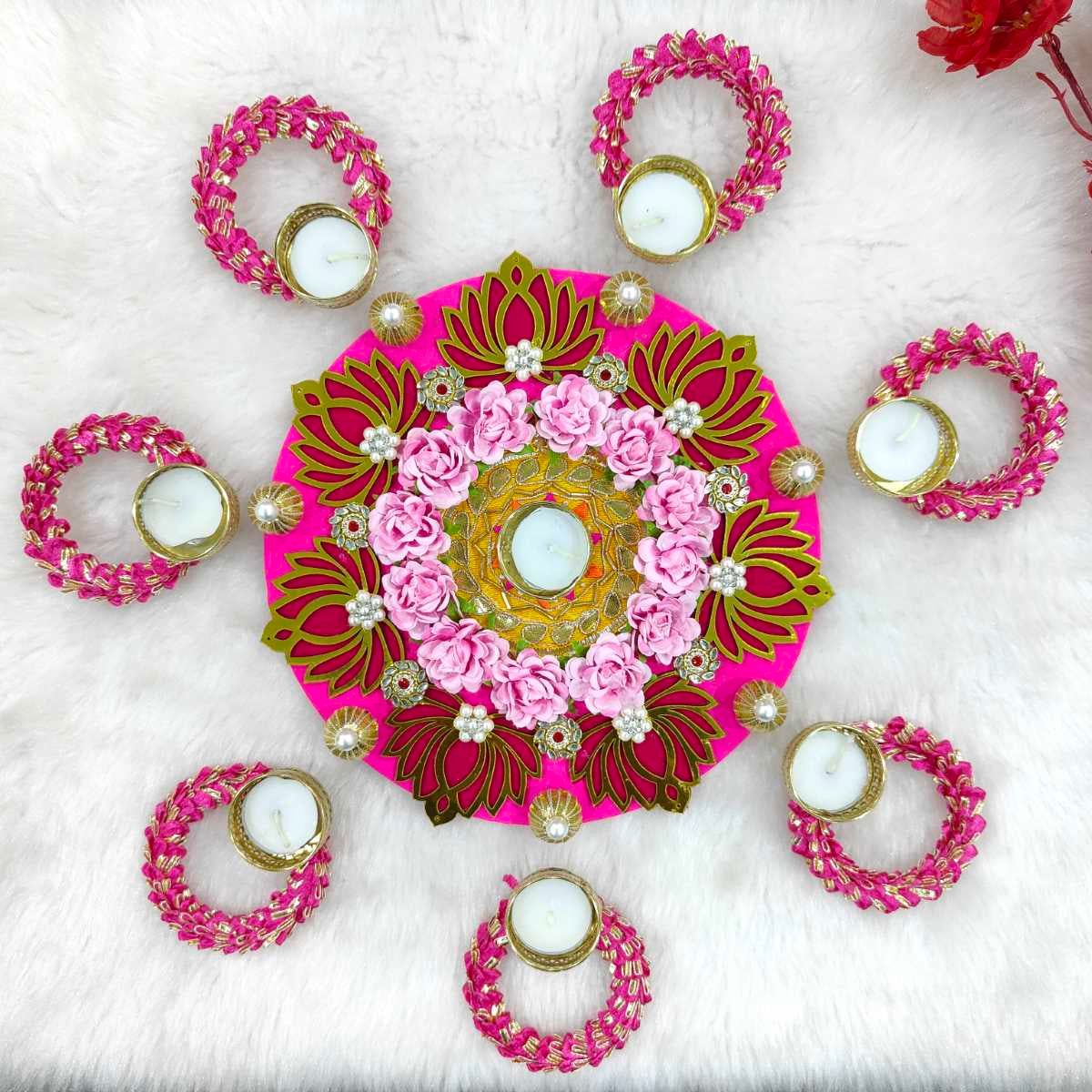 Rose Flower Rangoli Decoration With Candle Holders