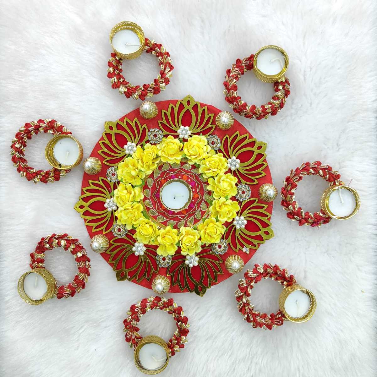 Rose Flower Rangoli Decoration With Candle Holders