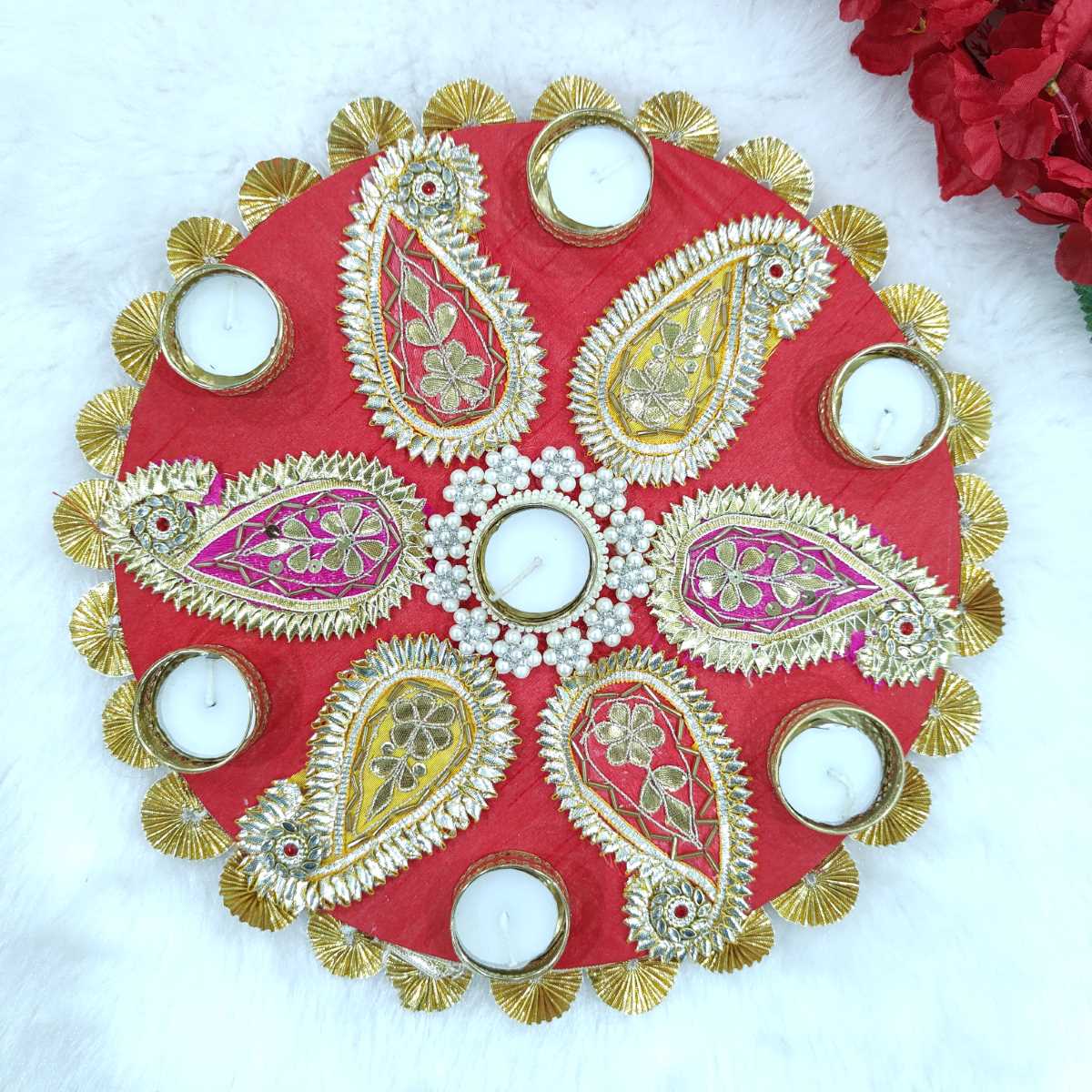 Gota Pati Rangoli Decoration With Tea Light Candle Holders