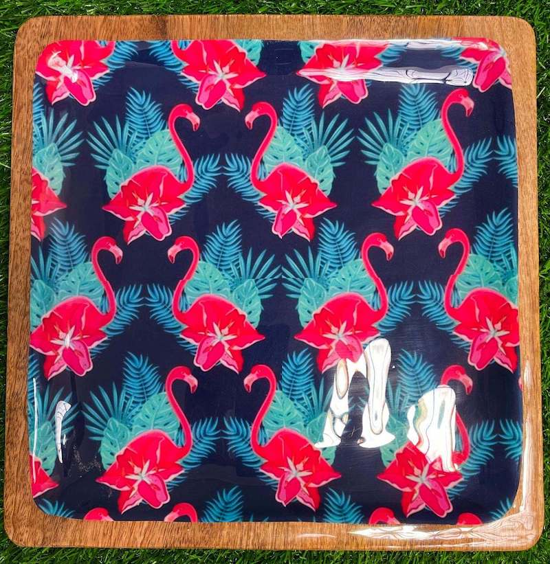 Red Flamingo Square Wooden Plate