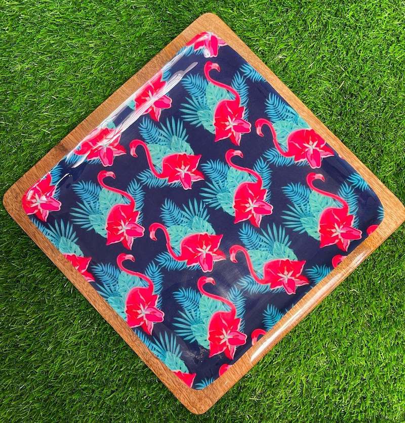 Red Flamingo Square Wooden Plate