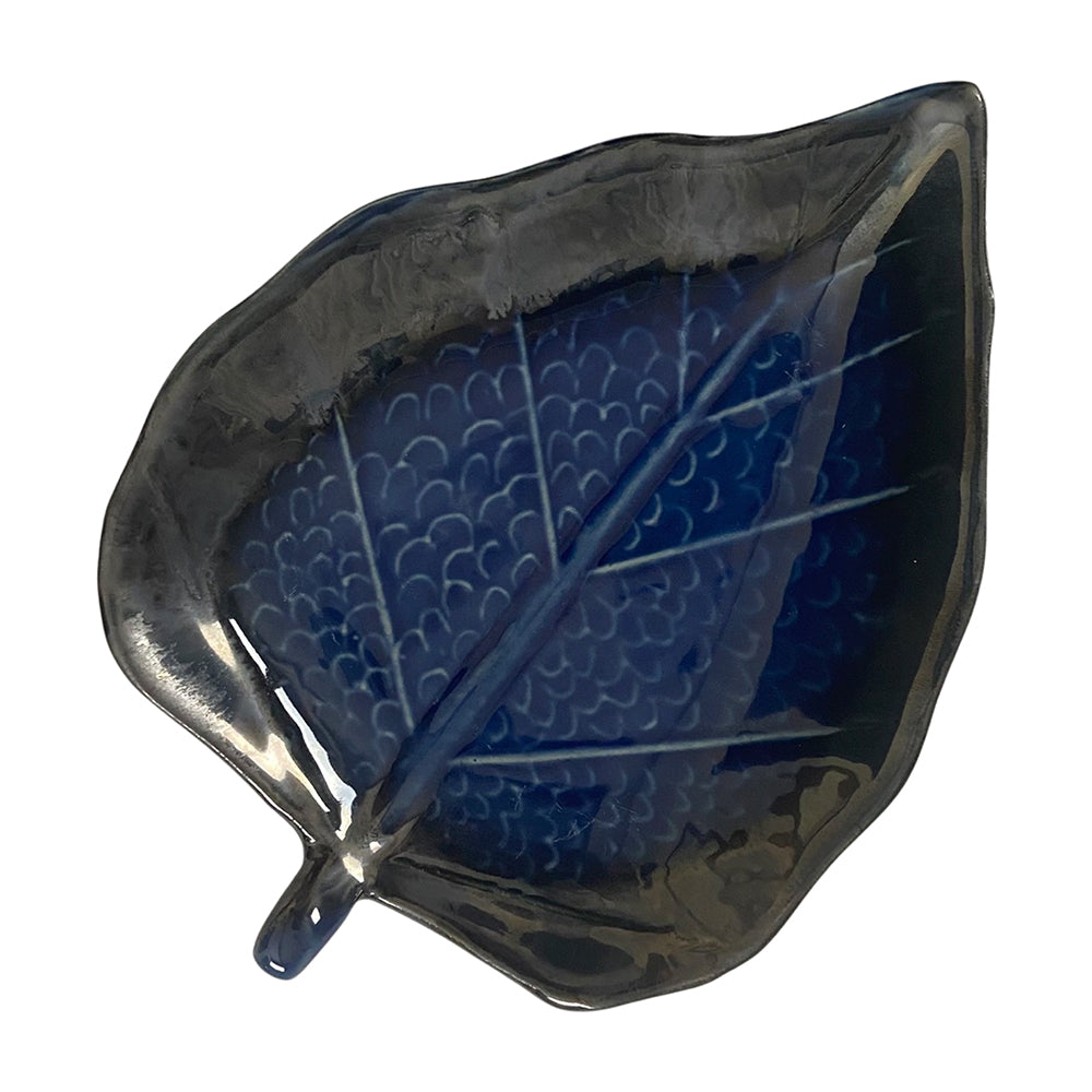 Royal Blue Paan Leaf Shaped Ceramic Platter (Set of 2)