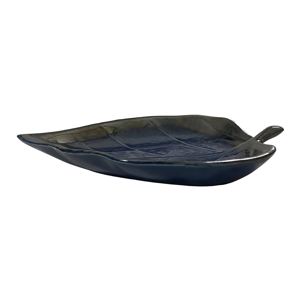 Royal Blue Paan Leaf Shaped Ceramic Platter (Set of 2)