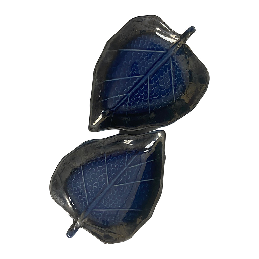 Royal Blue Paan Leaf Shaped Ceramic Platter (Set of 2)