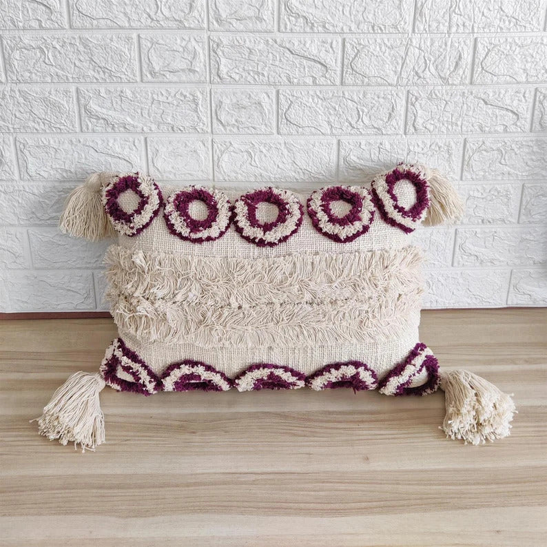 Purple & Ivory Cotton Tufted Cushion Cover