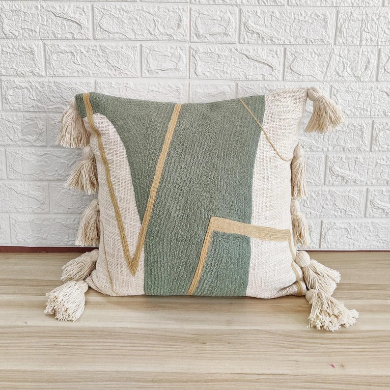 Light Green Cream & Ivory Hand Embroidered Cushion Cover