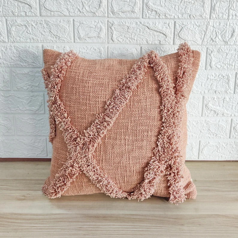Blush Pink Embroidered Tufted Cotton Cushion Cover
