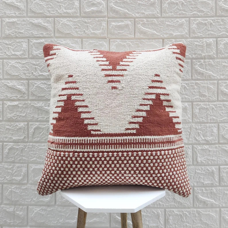 Terracotta Red & Ivory Handloom Woven Cushion Cover
