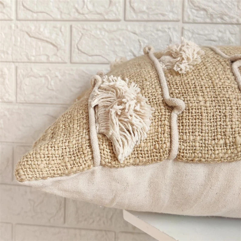 Beige Hand Embroidered Cotton Cushion Cover