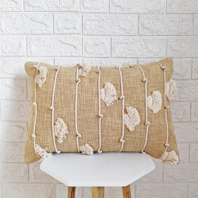 Beige Hand Embroidered Cotton Cushion Cover