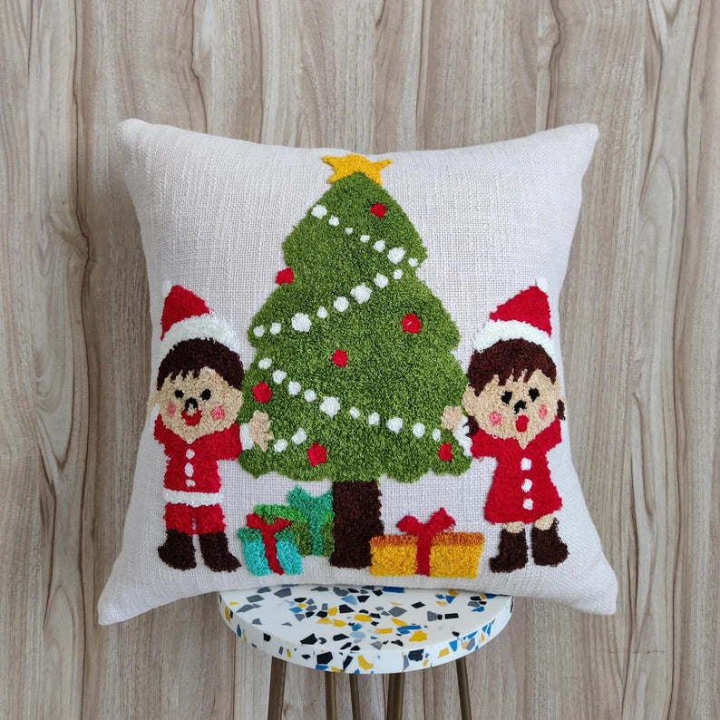 Christmas Tree and Kids Hand Embroidered Cushion Cover