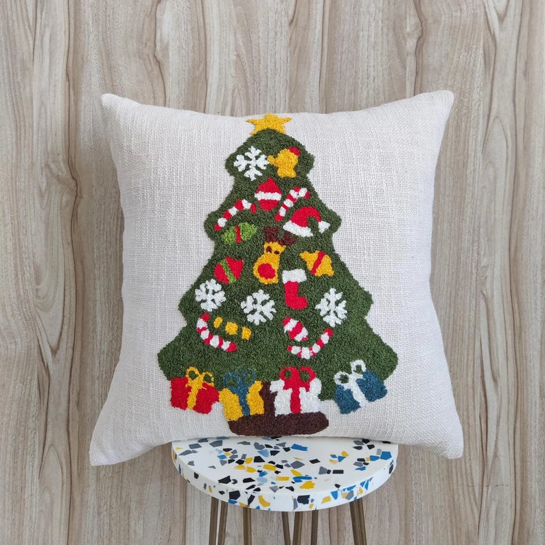 Christmas Tree & Ornaments Hand Embroidered Cushion Cover