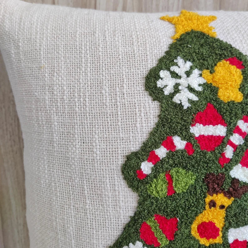 Christmas Tree & Ornaments Hand Embroidered Cushion Cover
