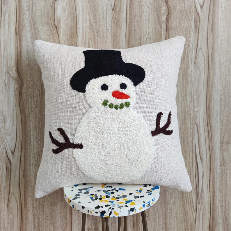 Snowman Hand Embroidered Cushion Cover