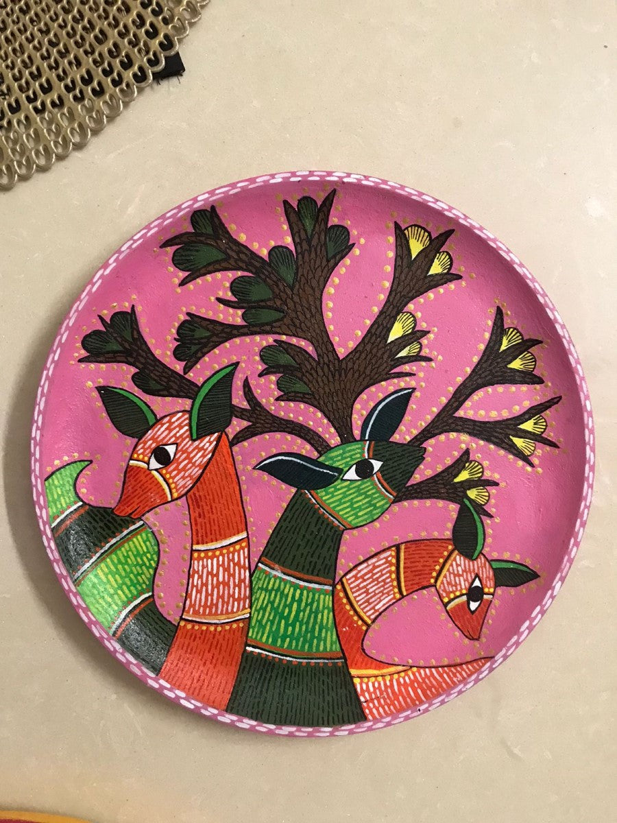 Hand Painted Gond Deer Motif Wall Plate (8"-10"-12")