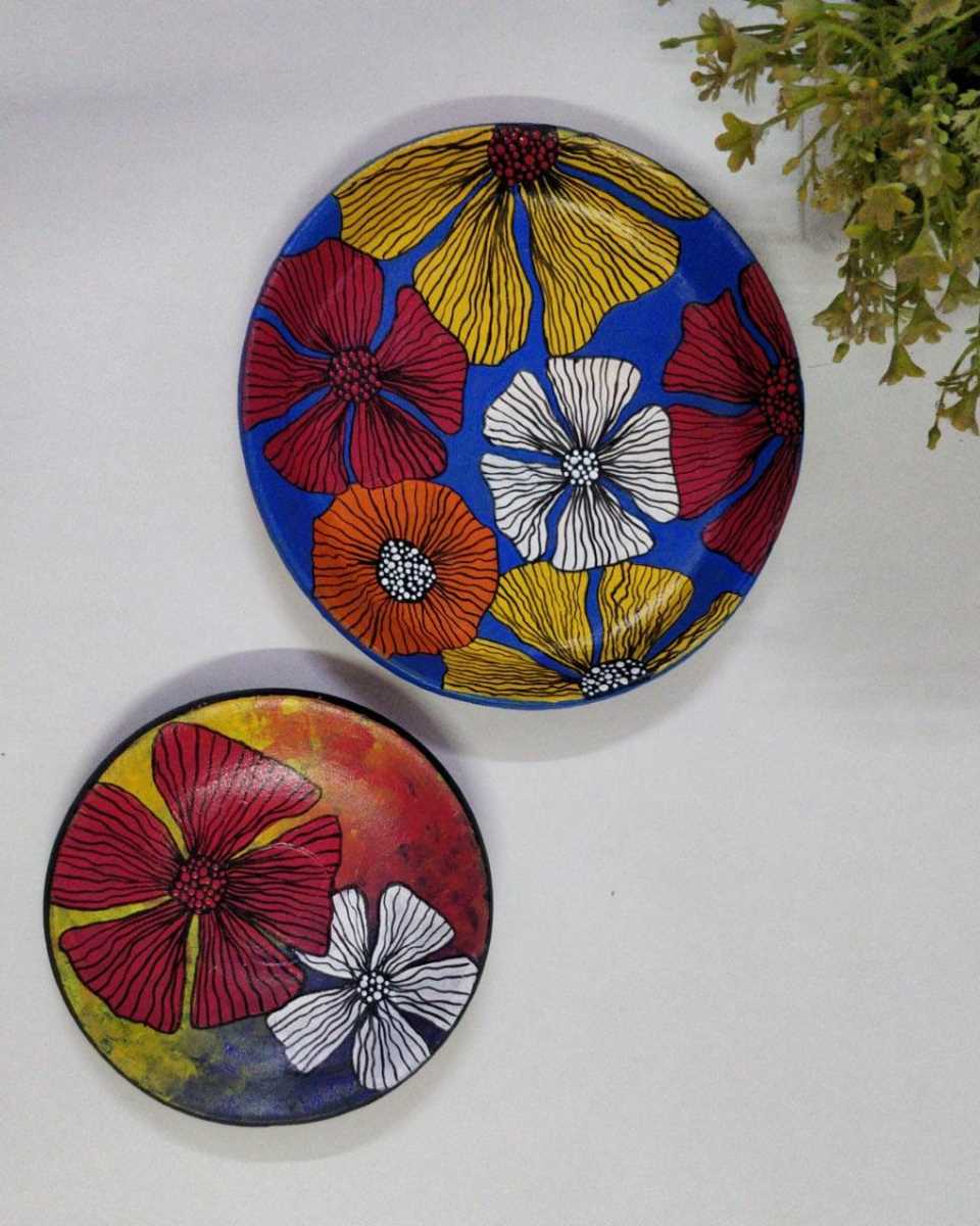Handpainted Colorful Florals Wall Plates (Set of 2)