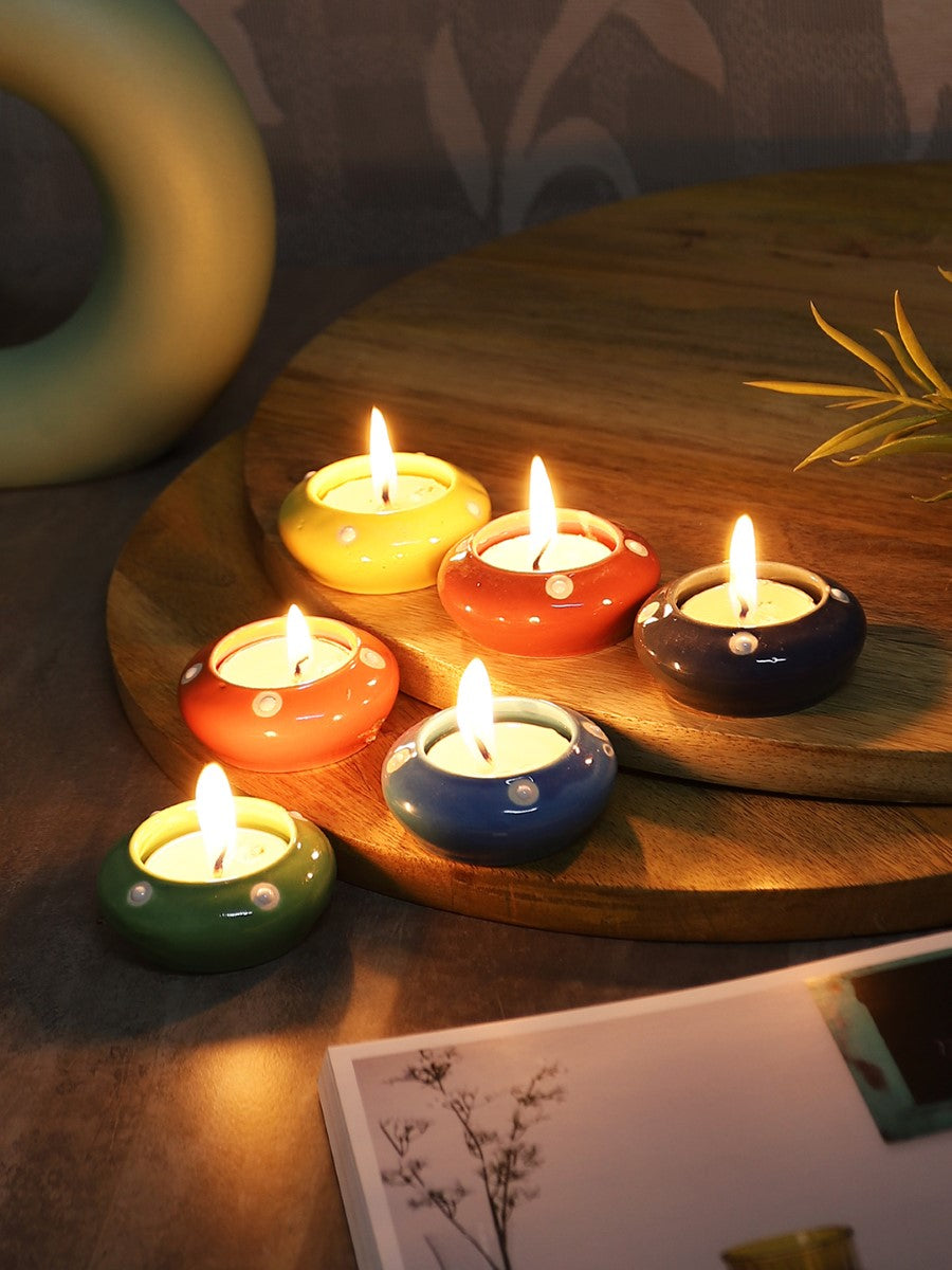 Multicolour Ceramic Diya Diwali Gift Box with Tea Lights (Set of 6)
