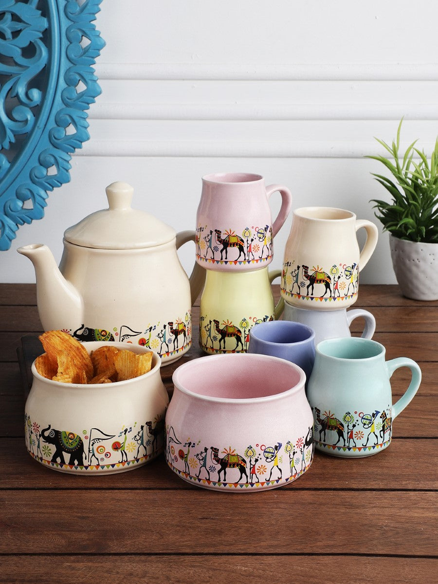 Handmade Ceramic Multicolor Printed Tea Cup Set with Kettle (Set of 9)