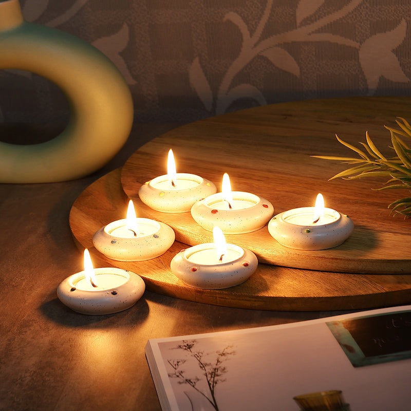 White Ceramic Diya Diwali Gift Box with Tea Lights (Set of 6)