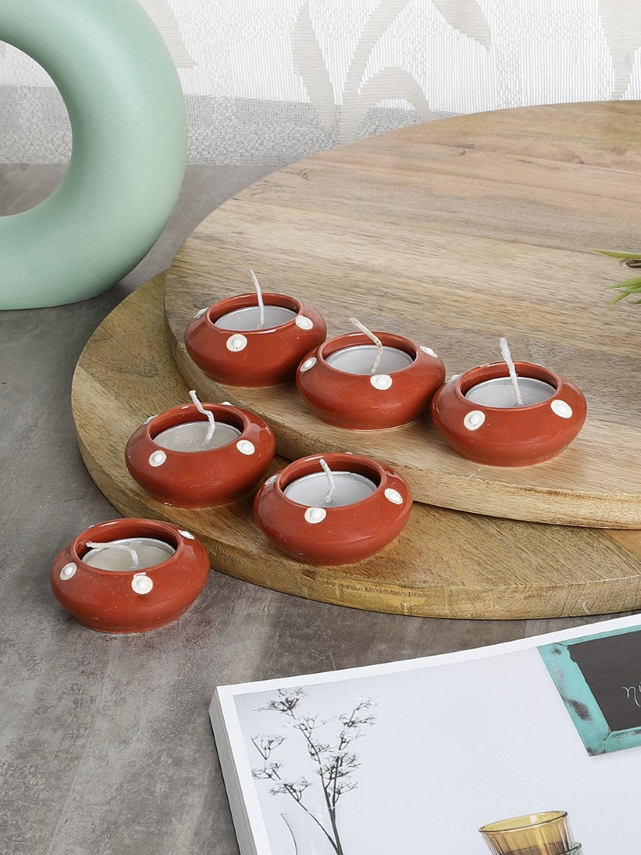 Maroon Ceramic Diya Diwali Gift Box with Tea Lights (Set of 6)