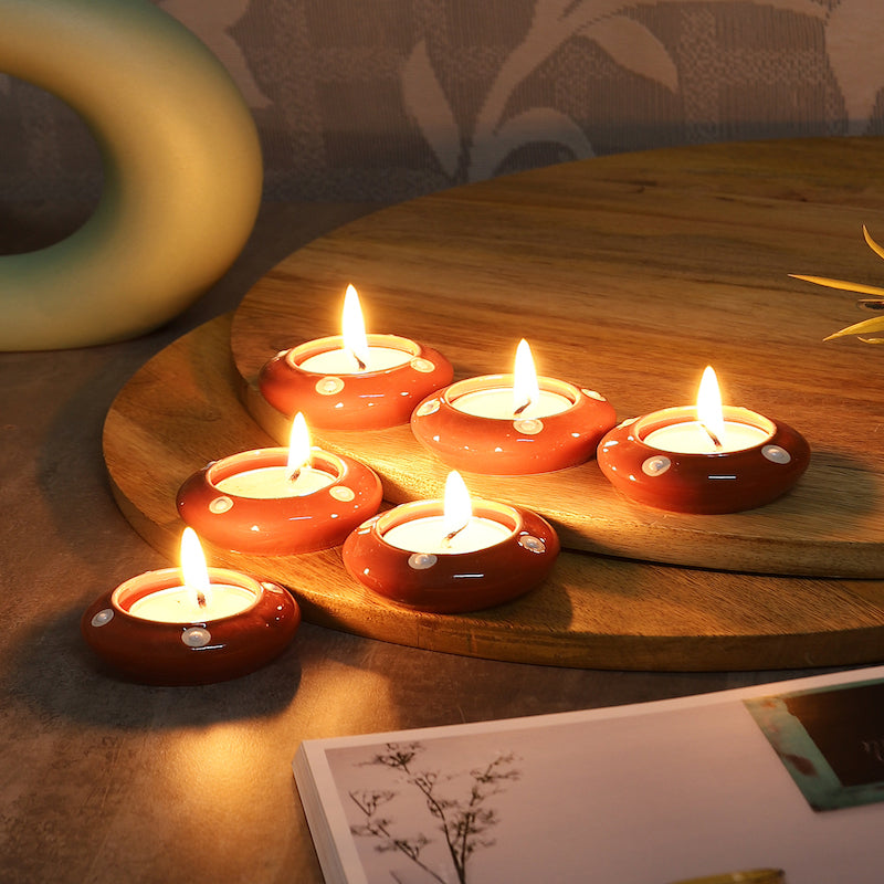 Maroon Ceramic Diya Diwali Gift Box with Tea Lights (Set of 6)