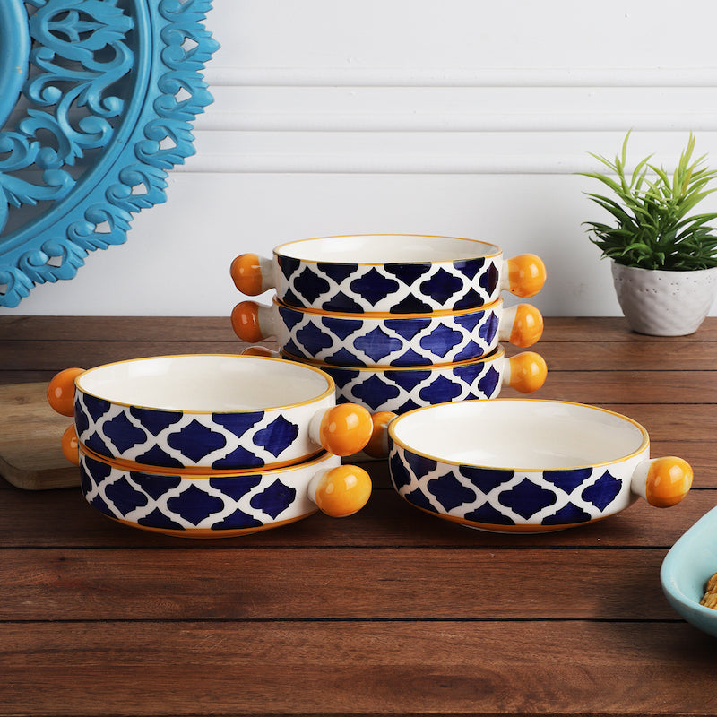 Hand Painted Mughal Design Ceramic Bowls with Handle (Set of 6)