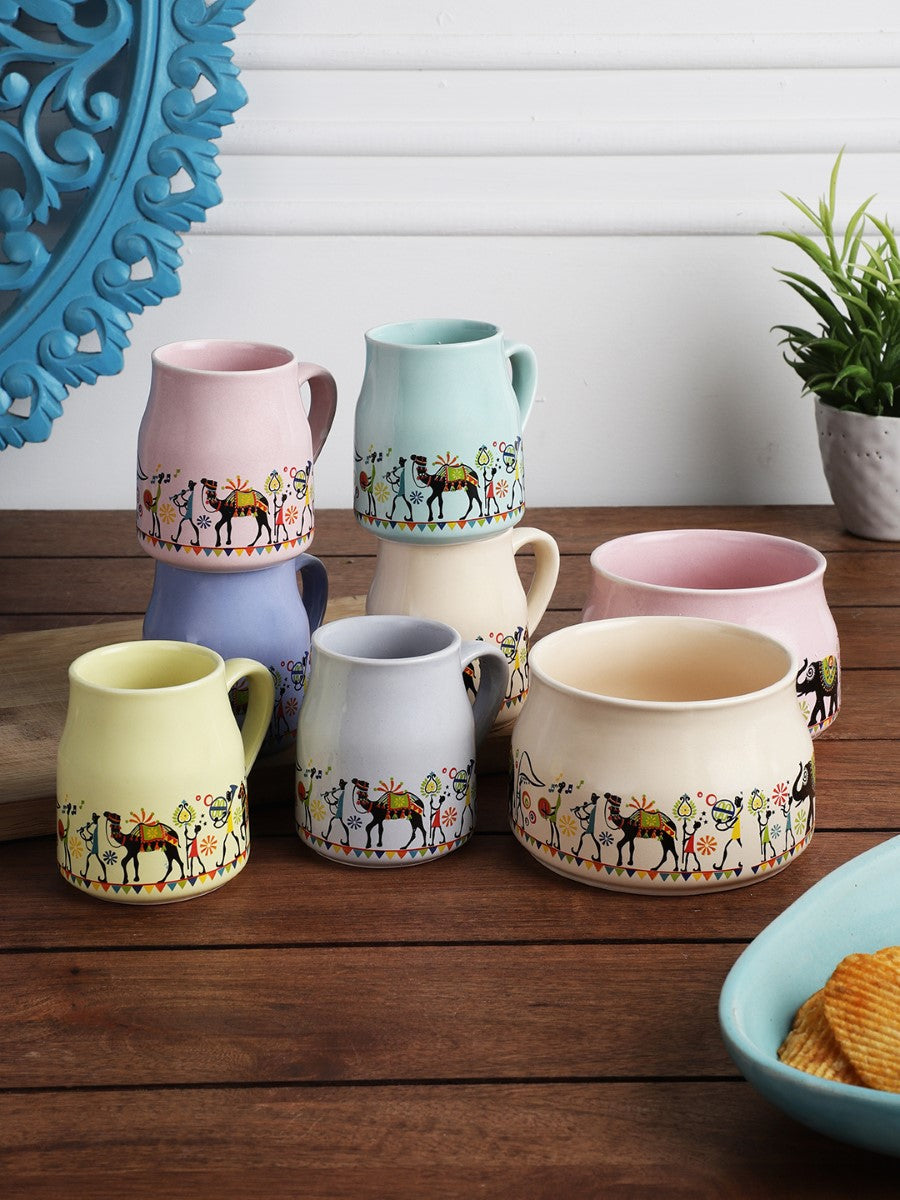 Handmade Ceramic Elephant Printed Design Tea Cups with Bowls (Set of 8)