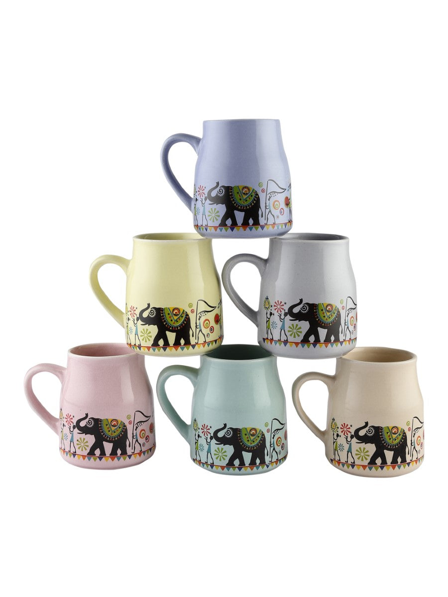 Handmade Ceramic Multicolor Printed Tea Cup Set with Kettle (Set of 9)