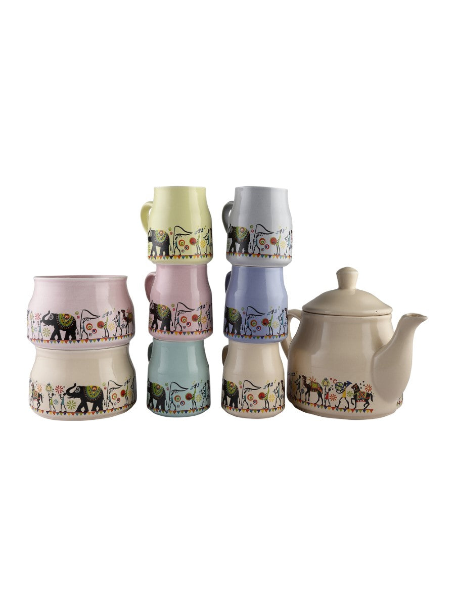 Handmade Ceramic Multicolor Printed Tea Cup Set with Kettle (Set of 9)
