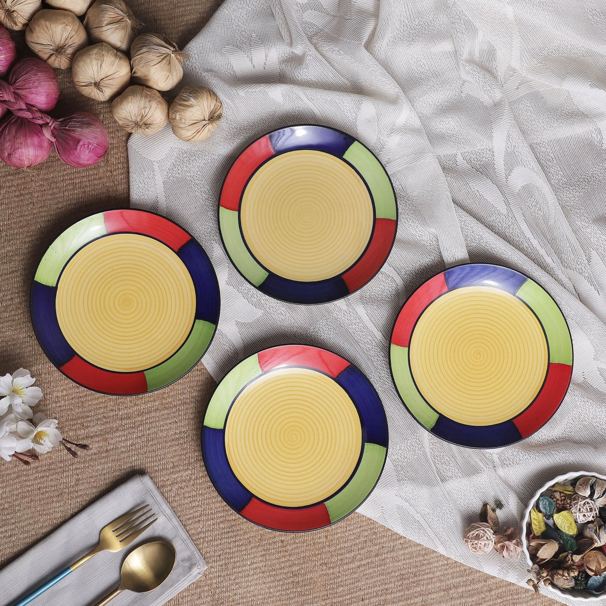 Multicolor Ceramic Quarter Plates (Set of 4)