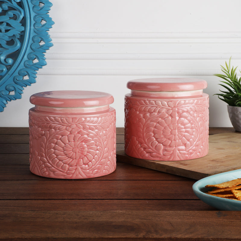 Pink Ceramic Kitchen Storage Canisters (Set of 2)