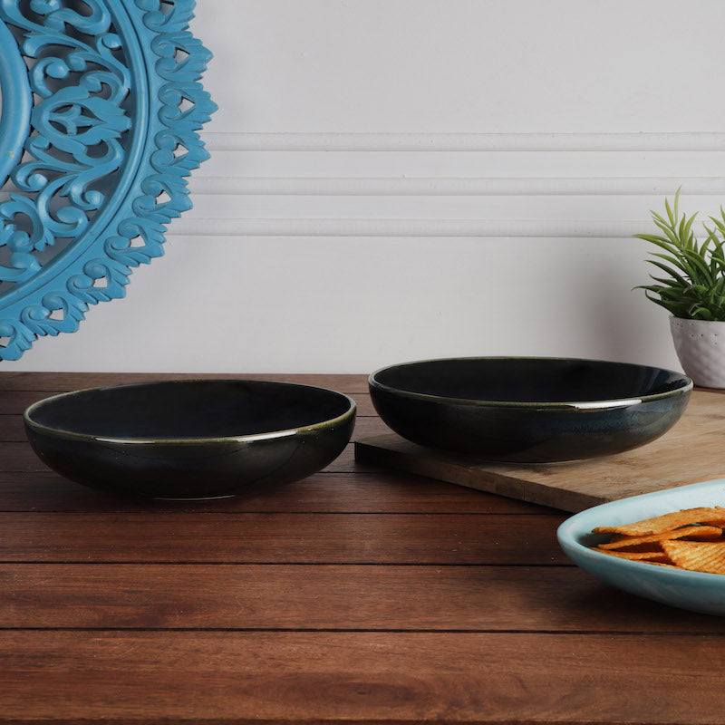 Large Green Ceramic Stoneware Bowls (Set of 2)