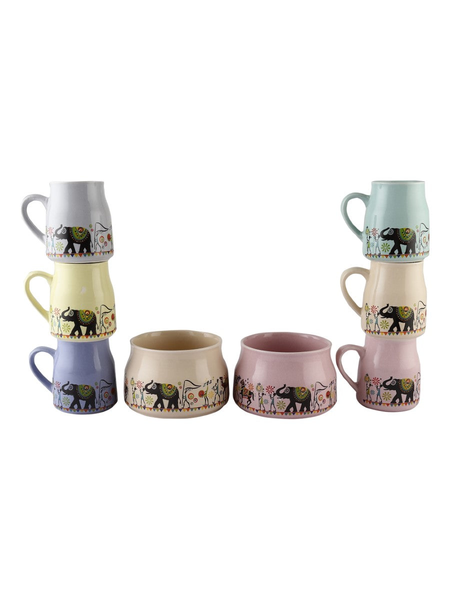 Handmade Ceramic Elephant Printed Design Tea Cups with Bowls (Set of 8)