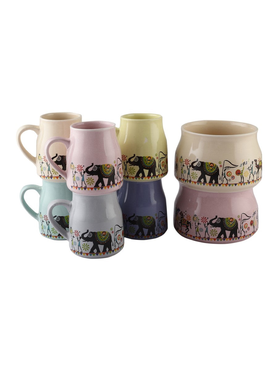 Handmade Ceramic Elephant Printed Design Tea Cups with Bowls (Set of 8)