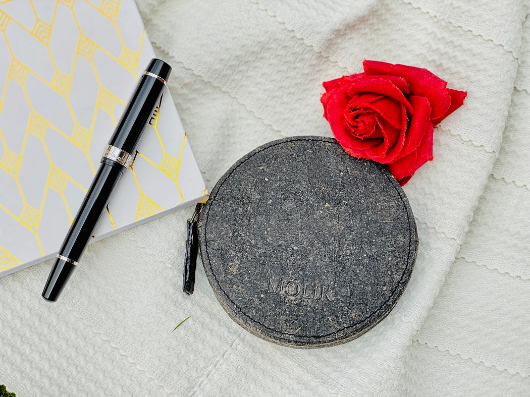 Charcoal Coconut Leather Small Round Pouch