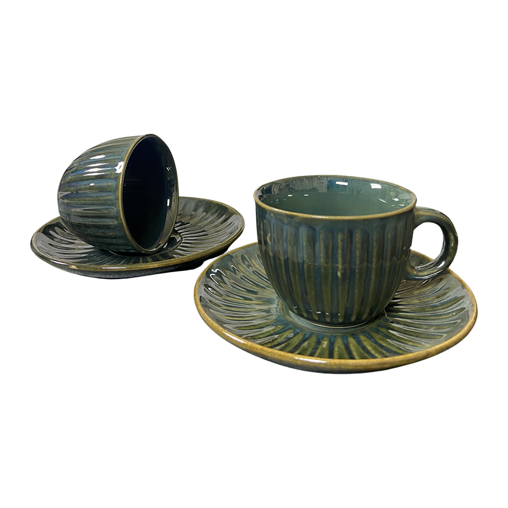 Chic Emerald Green Tea Cups with Saucers (Set of 6)