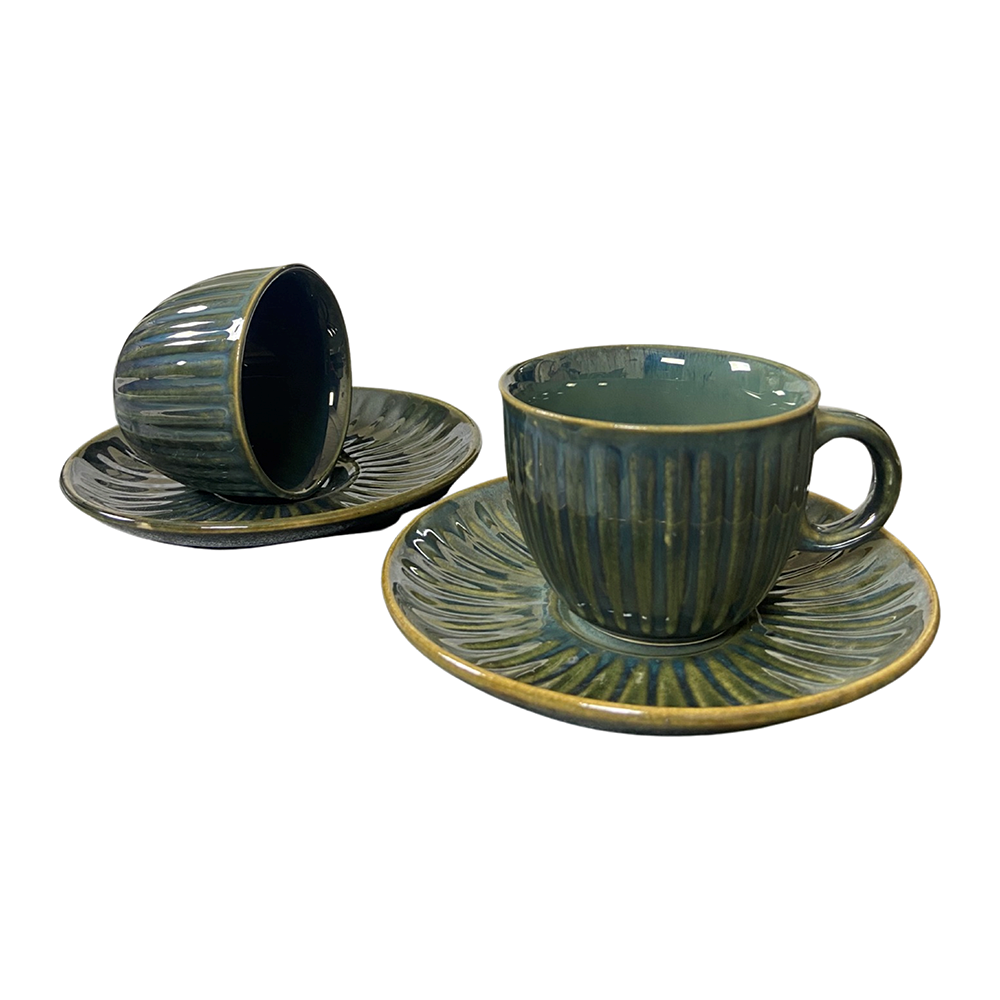 Chic Emerald Green Tea Cups with Saucers (Set of 2)