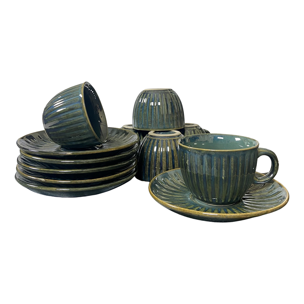 Chic Emerald Green Tea Cups with Saucers (Set of 6)