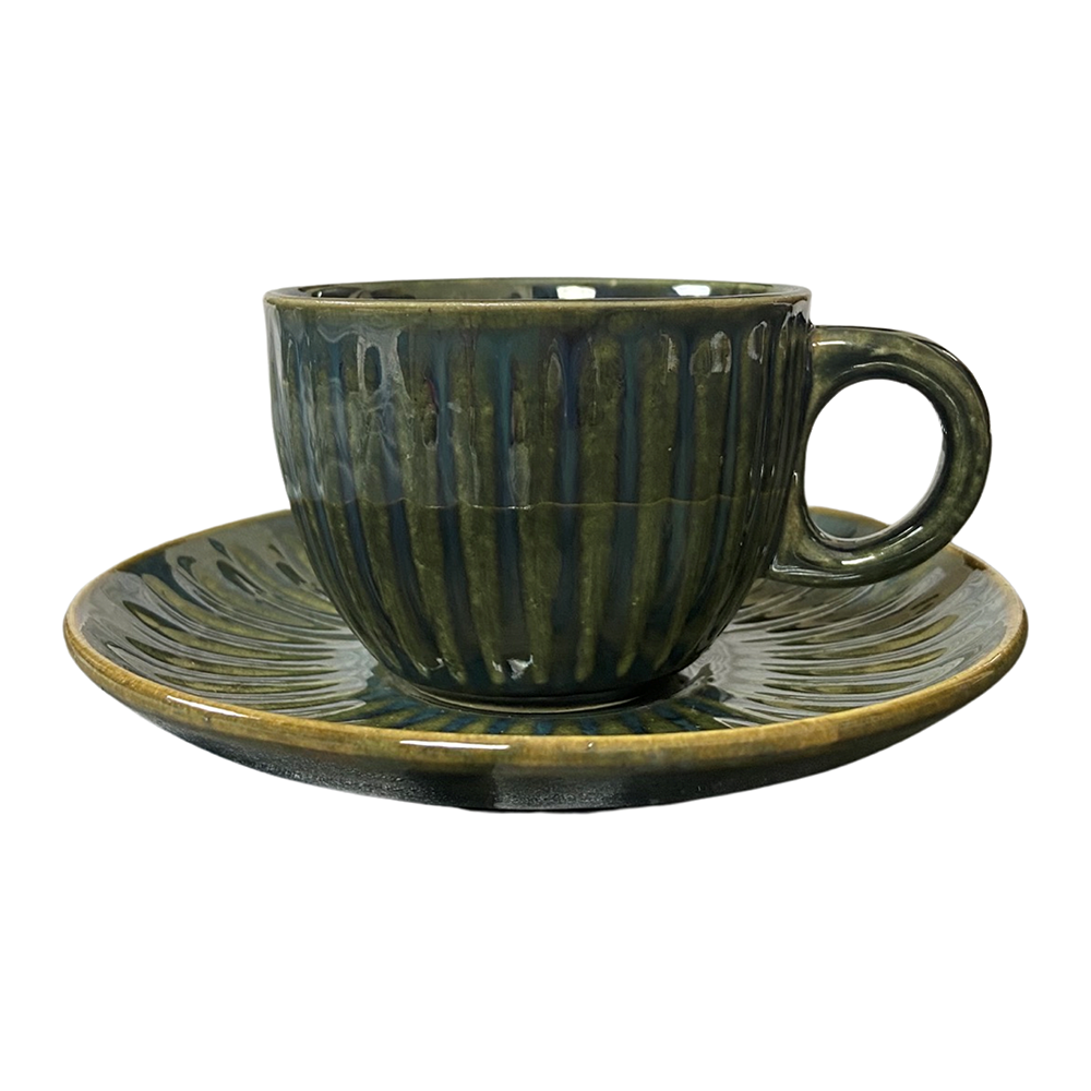 Chic Emerald Green Tea Cups with Saucers (Set of 2)