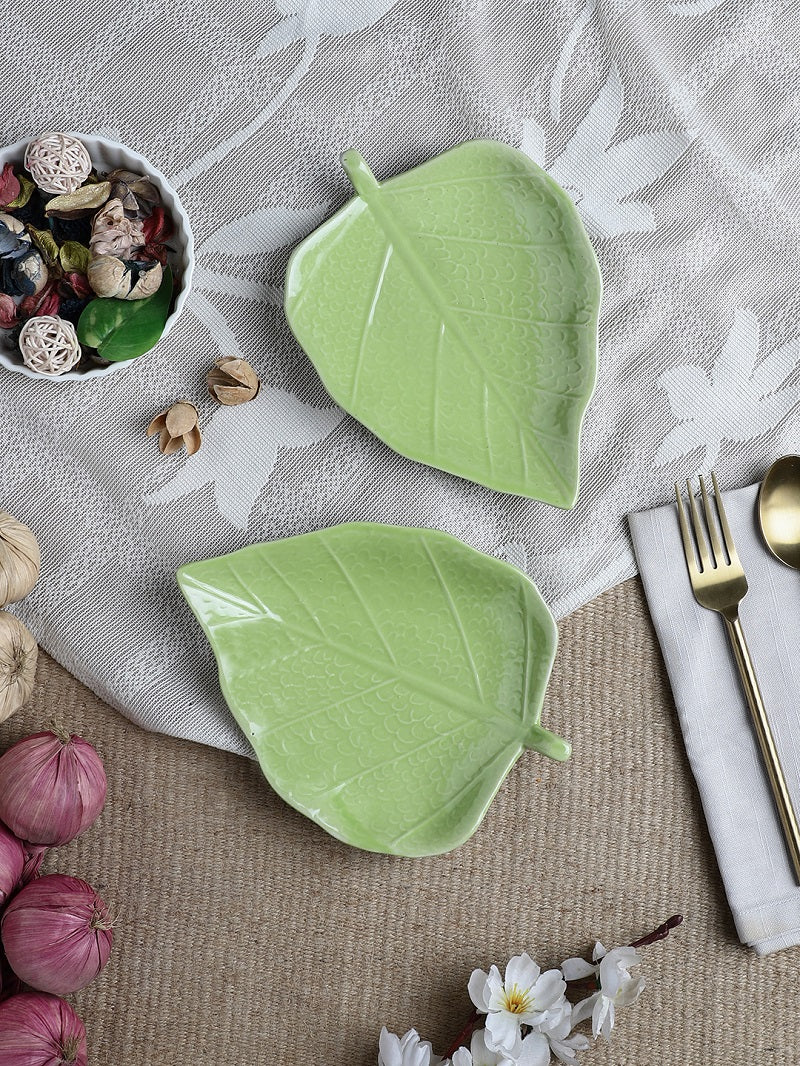 Green Betel Leaf Shaped Serving Platters (Set of 2)