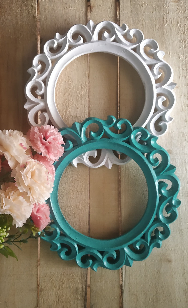 White Teal Round Wooden Wall Frame (Set of 2)